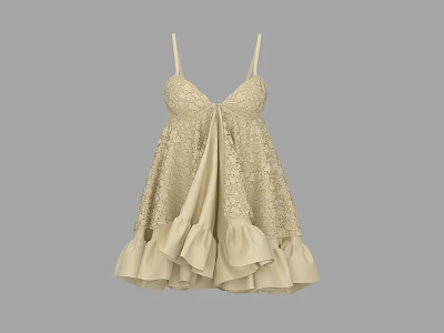 Elegant Beige Lace Dress With Spaghetti Straps V Neck And Ruffled Hem 3d model