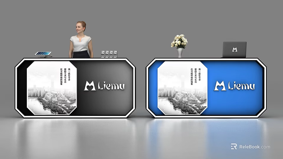 Black White And Blue Liemu Reception Desk With Laptop Vase Flowers And Receptionist 3d model 