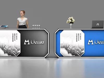 Black White And Blue Liemu Reception Desk With Laptop Vase Flowers And Receptionist 3d model