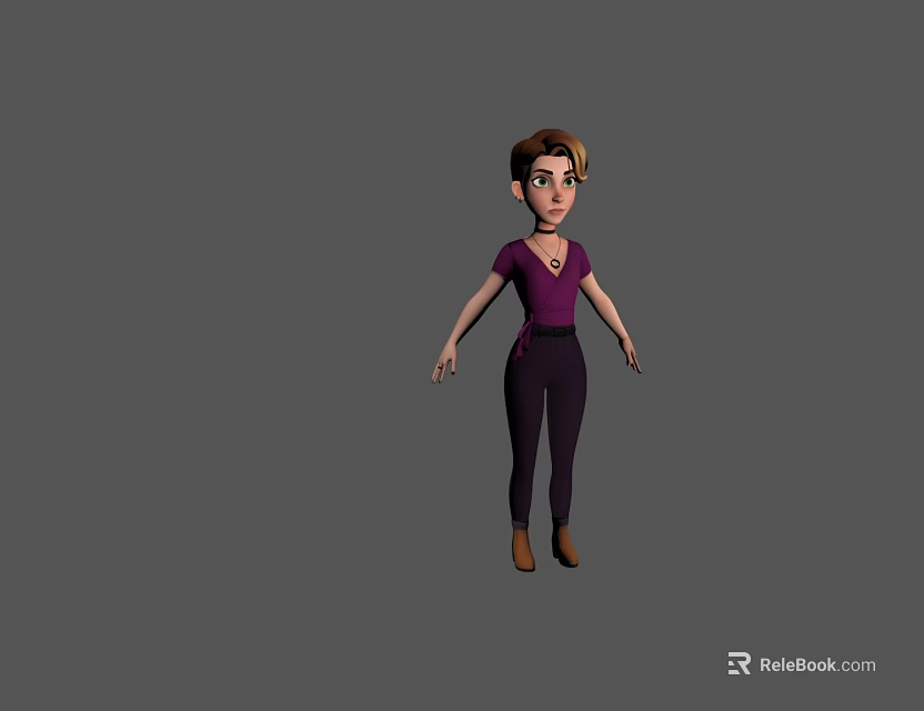 Game Movie Character Female With Short Hair Purple Top And Dark Pants 3d model 