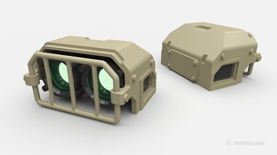 Beige Industrial Equipment Featuring Green Circular Lenses Protective Cage Small Window And Bolts 3d model 