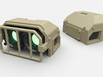 Beige Industrial Equipment Featuring Green Circular Lenses Protective Cage Small Window And Bolts 3d model