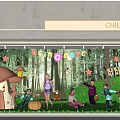 Enchanting Shop Window Display With Mushroom House Green Grass Trees Figures And BE HAPPY Sign