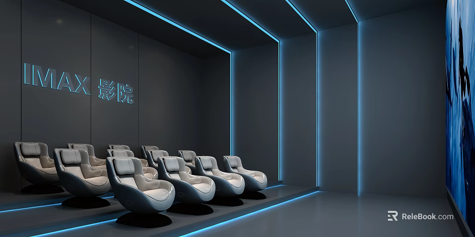 Modern Cinema Interior With Gray Walls Blue Strip Lights And Comfortable Seats 3d model 