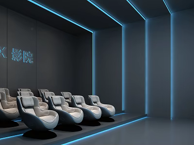 Modern Cinema Interior With Gray Walls Blue Strip Lights And Comfortable Seats 3d model
