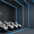 Modern Cinema Interior With Gray Walls Blue Strip Lights And Comfortable Seats