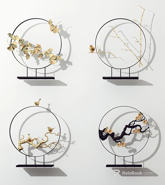 Modern Elegant Decorative Ornament Set With Circular Frames Golden Ginkgo Leaves Bamboo And Birds 3d model 