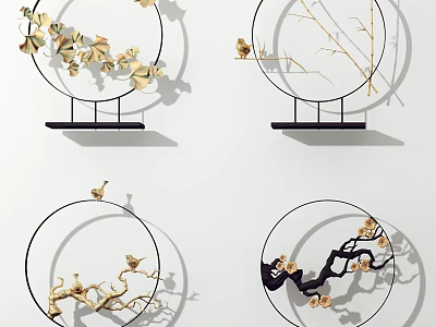 Modern Elegant Decorative Ornament Set With Circular Frames Golden Ginkgo Leaves Bamboo And Birds 3d model