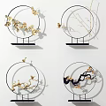 Modern Elegant Decorative Ornament Set With Circular Frames Golden Ginkgo Leaves Bamboo And Birds