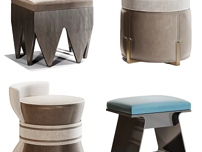 Modern Stylish Sofa Stools With Upholstered Seats And Metal Wooden Accents 3d model