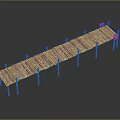 Wooden Plank Bridge Structure With Support Posts Rope Railings And Red Decorations 3d model