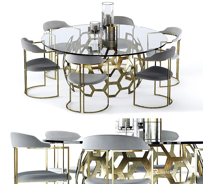Elegant Modern Dining Table Set With Round Glass Tabletop And Gold Metal Frame Gray Chairs 3d model 