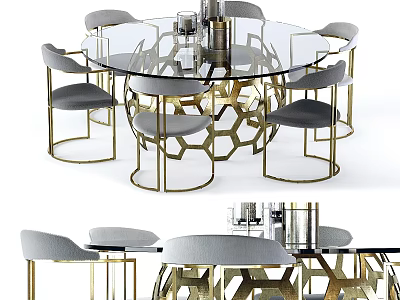 Elegant Modern Dining Table Set With Round Glass Tabletop And Gold Metal Frame Gray Chairs 3d model