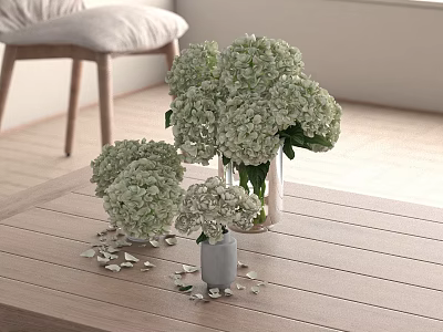 White Hydrangea Flowers in Glass and Gray Vases on Wooden Table with Scattered Petals 3d model