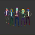 Five Cartoon Characters In Blue Suits Standing In A Row On Gray Background
