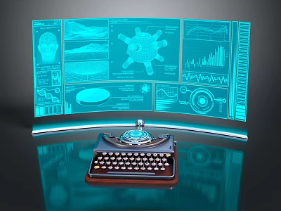 Vintage Typewriter With Curved Holographic Screen Displaying Tech Charts And Diagrams 3d model