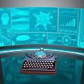 Vintage Typewriter With Curved Holographic Screen Displaying Tech Charts And Diagrams