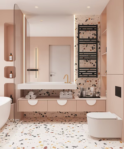 Modern Style Bathroom Interior With Terrazzo Finishes And Vanity Unit 3d model