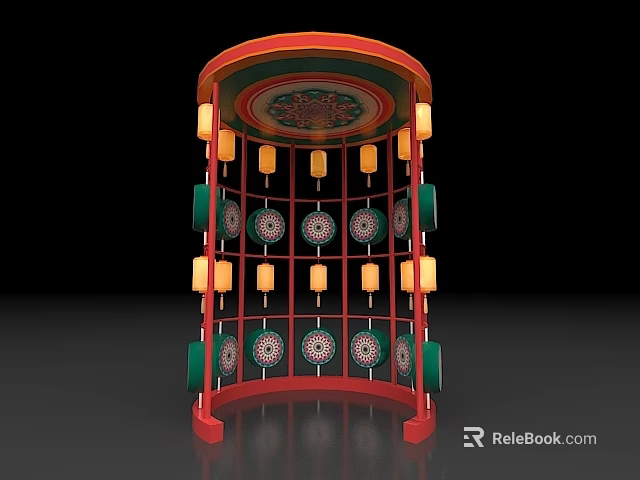 Interactive Area With Red Curved Frame Decorative Top Lantern Lights And Circular Plates 3d model