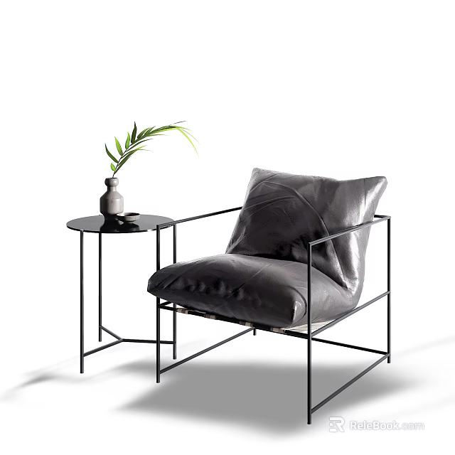 Modern Black Single Seater Sofa with Metal Frame Side Table Vase and Green Plant 3d model 