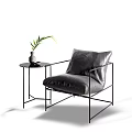 Modern Black Single Seater Sofa with Metal Frame Side Table Vase and Green Plant