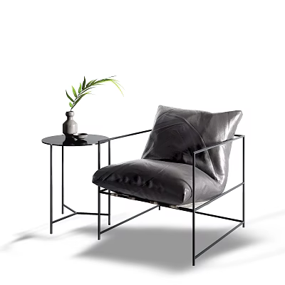 Modern Black Single Seater Sofa with Metal Frame Side Table Vase and Green Plant 3d model