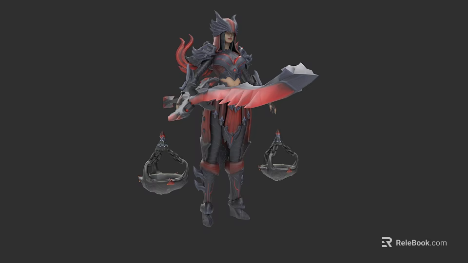 Game Fantasy Warrior Character in Red Black Armor With Large Sword And Lantern Decorations 3d model 