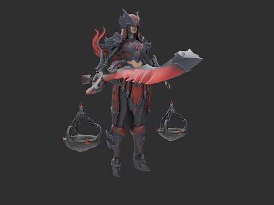 Game Fantasy Warrior Character in Red Black Armor With Large Sword And Lantern Decorations 3d model