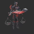 Game Fantasy Warrior Character in Red Black Armor With Large Sword And Lantern Decorations