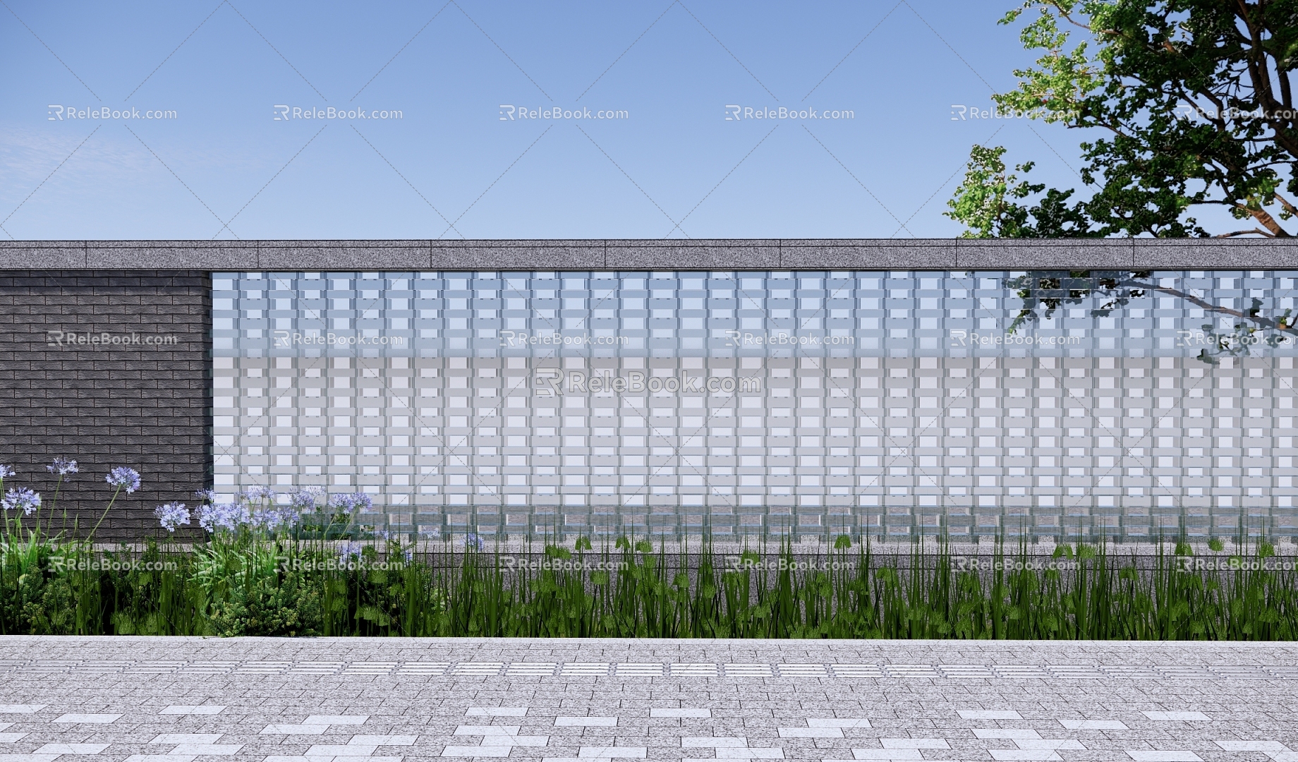 Modern landscape wall Enclosing glass wall Straight courtyard landscape wall Glass brick landscape wall 3d model