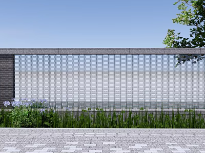 Modern Transparent Garden Wall Design With Glass Blocks Green Plants And Paved Ground 3d model