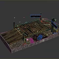 Rustic Wooden Platform 3D Model With Roof Structure Barrel And Stones