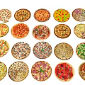 Assorted Colorful Pizzas Displayed in Circular Arrangement With Various Toppings And Crusts