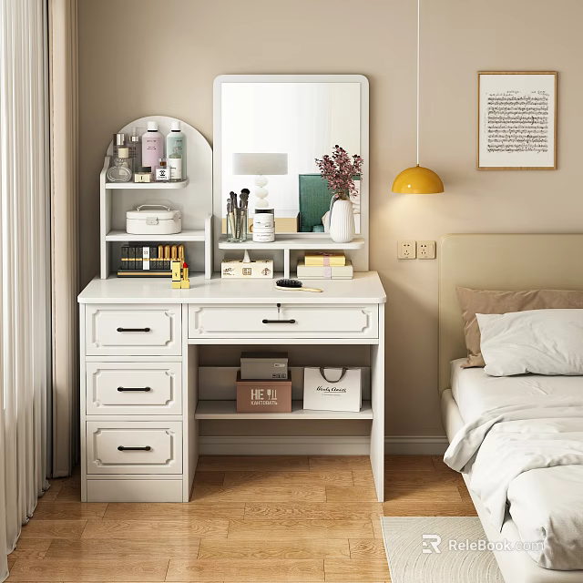 White Vanity Table In Bedroom With Drawers And Mirror Decorated With Cosmetics Lamp And Vase 3d model 