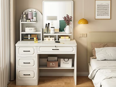 White Vanity Table In Bedroom With Drawers And Mirror Decorated With Cosmetics Lamp And Vase 3d model