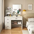 White Vanity Table In Bedroom With Drawers And Mirror Decorated With Cosmetics Lamp And Vase