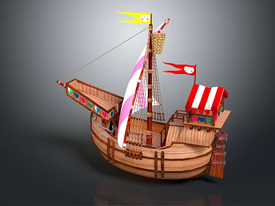 Vintage Wooden Boat Model With Colorful Sail Small Cabin And Decorative Flags 3d model
