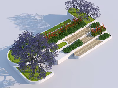 Landscaped Tiered Tree Planter Design With Purple Trees Wooden Steps And Colorful Flowers 3d model