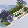 Landscaped Tiered Tree Planter Design With Purple Trees Wooden Steps And Colorful Flowers