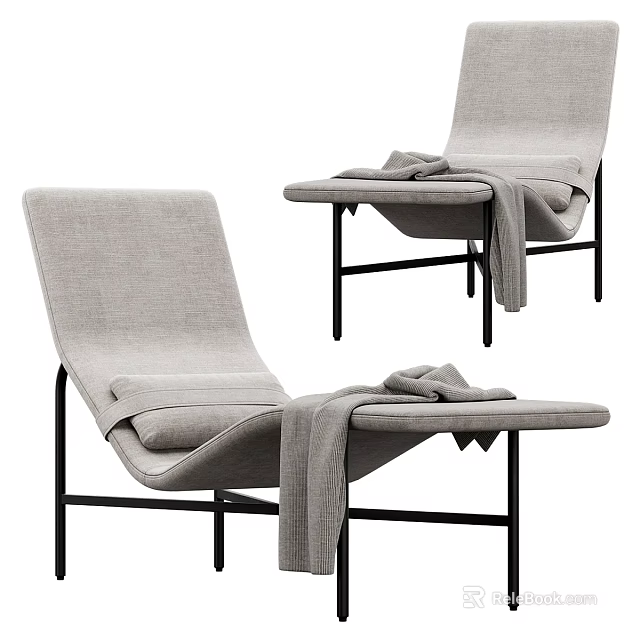Light Gray Fabric Leisure Chairs With Black Metal Frame Draped Blanket And Folded Towels 3d model 
