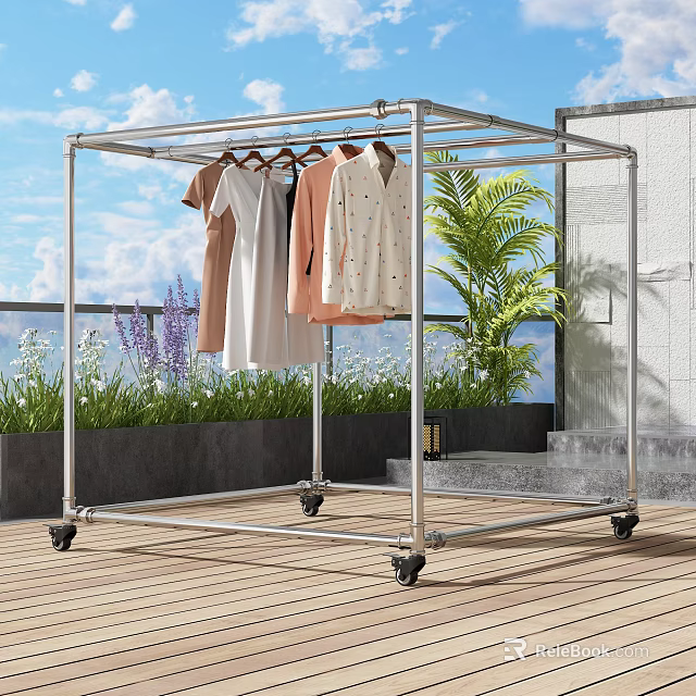 Sturdy Metal Clothes Rack With Wheels Hanging Clothes On Outdoor Balcony With Plants And Sky 3d model 