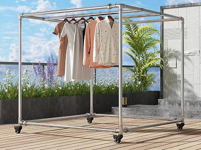 Sturdy Metal Clothes Rack With Wheels Hanging Clothes On Outdoor Balcony With Plants And Sky 3d model