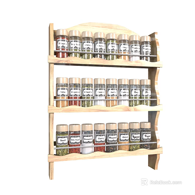 Neatly Arranged Spice Bottles On Wooden Three Tier Shelf For Kitchen Organization 3d model 