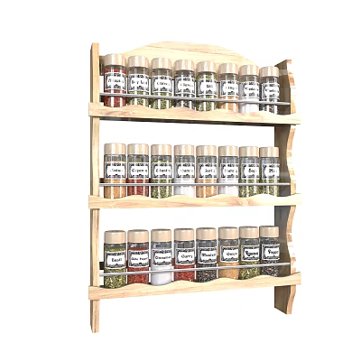Neatly Arranged Spice Bottles On Wooden Three Tier Shelf For Kitchen Organization 3d model