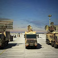 Military Functional Vehicles With Large Radar Antennas Parked On Open Ground With Soldiers Standing Nearby