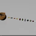 Clay Pot With Colorful Small Objects Arranged In A Row On Dark Background 3d model