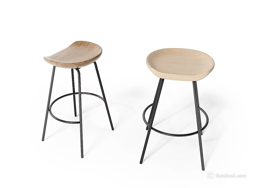 Modern Bar Stools With Wooden Seats And Black Metal Legs Design 3d model 