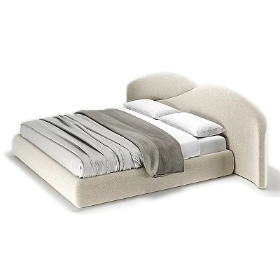 Modern Double Bed with Curved Upholstered Headboard and Gray Bedding in Minimalist Design 3d model