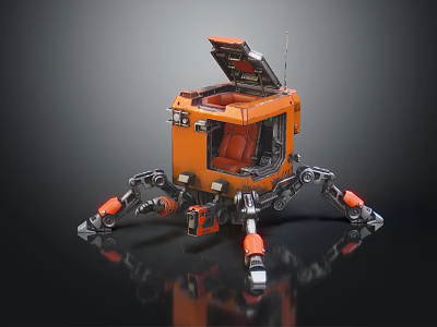 Orange Smart Robot With Mechanical Legs Open Compartment And Modern Metal Design 3d model