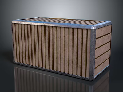 Wooden Storage Box With Vertical Striped Design And Metal Edge Trim For Home Use 3d model